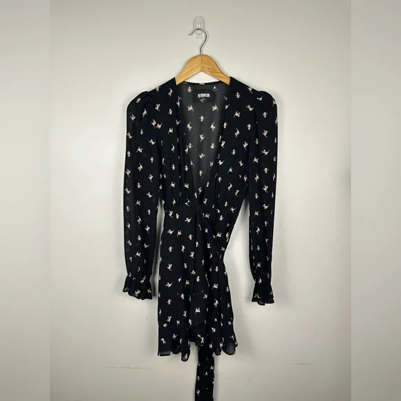 Reformation Whitby Wrap Gato Cat Print V Neck Mini Dress Women’s Sz XS - Picture 3 of 10